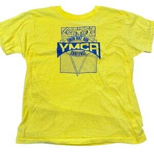 Vintage YMCA Challenge Graphic T-Shirt Yellow Blue Swim Bike Run Small 0370